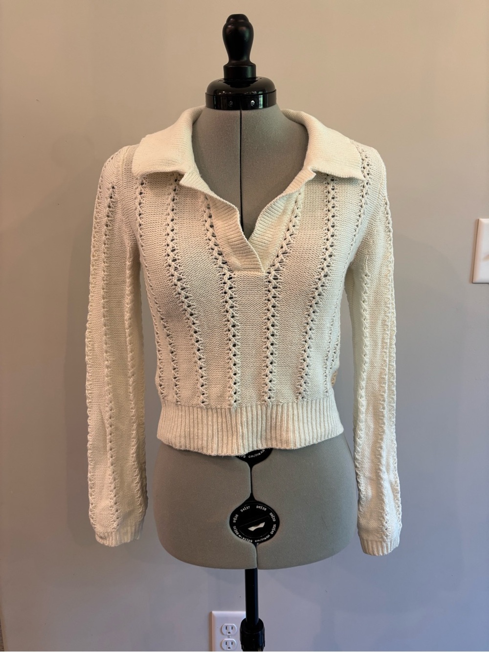 Sage Boho Cream Open-Knit V-Neck Collared Sweater 0290